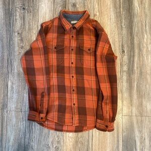 Pink/coral yellow and brown plaid button down